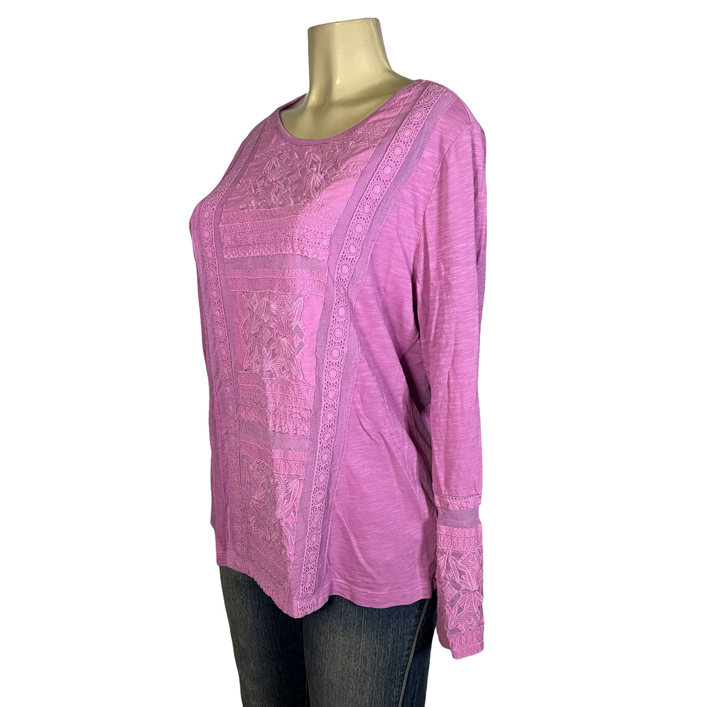 Soft Surroundings Shirt Womens Large Pink Embroidered Lace Boho Long Sleeve Top